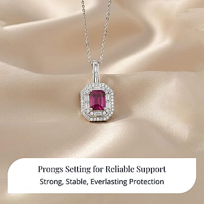  D'Joy Premium Royal Ruby and Moissanite 3.25 ctw Art Deco Pendant Necklace in Rhodium Over Sterling Silver 20 Inches