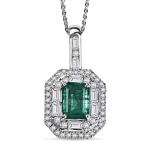 Doorbuster D'Joy Premium Kagem Zambian Emerald and Moissanite 2.40 ctw Art Deco Pendant Necklace in Rhodium Over Sterling Silver 20 Inches