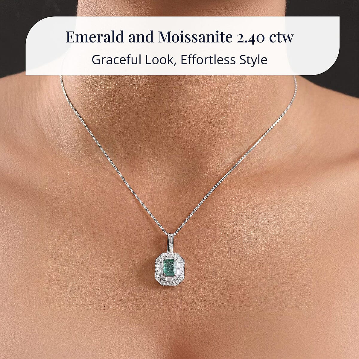 Doorbuster D'Joy Premium Kagem Zambian Emerald and Moissanite 2.40 ctw Art Deco Pendant Necklace in Rhodium Over Sterling Silver 20 Inches image number 1