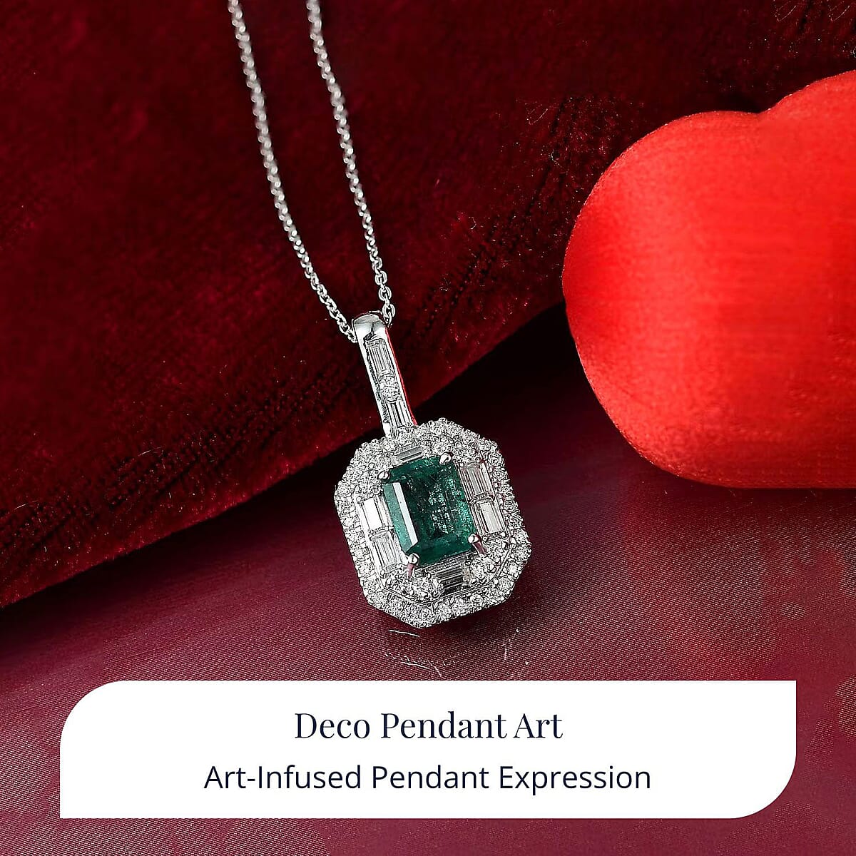 Doorbuster D'Joy Premium Kagem Zambian Emerald and Moissanite 2.40 ctw Art Deco Pendant Necklace in Rhodium Over Sterling Silver 20 Inches image number 2