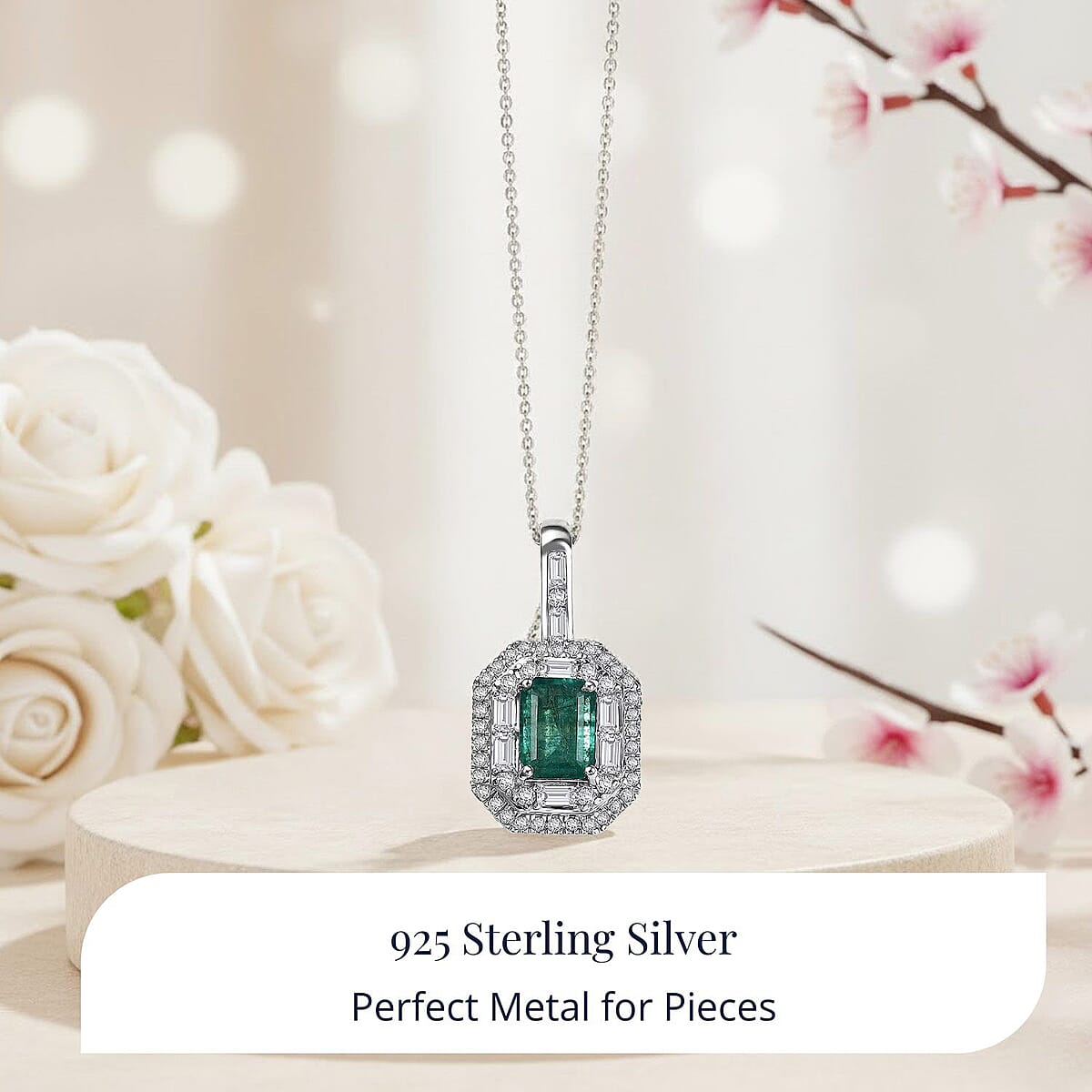 Doorbuster D'Joy Premium Kagem Zambian Emerald and Moissanite 2.40 ctw Art Deco Pendant Necklace in Rhodium Over Sterling Silver 20 Inches image number 4