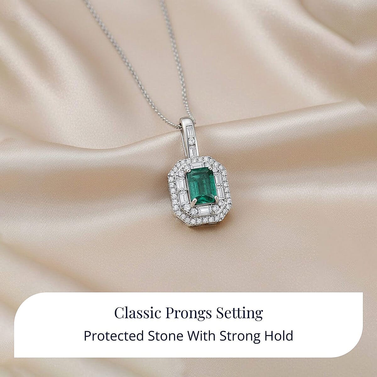 Doorbuster D'Joy Premium Kagem Zambian Emerald and Moissanite 2.40 ctw Art Deco Pendant Necklace in Rhodium Over Sterling Silver 20 Inches image number 5