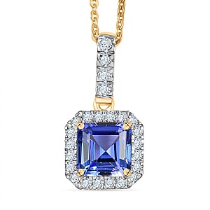 Doorbuster Asscher Cut Premium Tanzanite, Luxuriant Lab Grown Diamond G-H SI 1.60 ctw Halo Majesty Pendant in 14K Yellow Gold with 18K Vermeil YG Over Sterling Silver Necklace 20 Inches