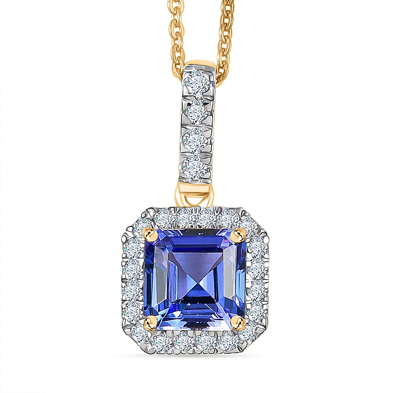 Asscher Cut Premium Tanzanite and Luxuriant Lab Grown Diamond G-H SI 1.60 ctw Halo Majesty Pendant in 14K Yellow Gold with 18K Vermeil YG Over Sterling Silver Necklace 20 Inches