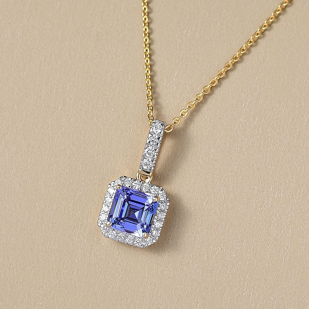 Doorbuster Asscher Cut Premium Tanzanite, Luxuriant Lab Grown Diamond G-H SI 1.60 ctw Halo Majesty Pendant in 14K Yellow Gold with 18K Vermeil YG Over Sterling Silver Necklace 20 Inches image number 1