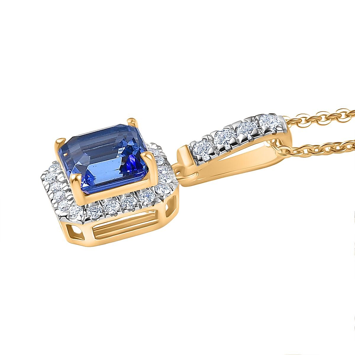 Doorbuster Asscher Cut Premium Tanzanite, Luxuriant Lab Grown Diamond G-H SI 1.60 ctw Halo Majesty Pendant in 14K Yellow Gold with 18K Vermeil YG Over Sterling Silver Necklace 20 Inches image number 3