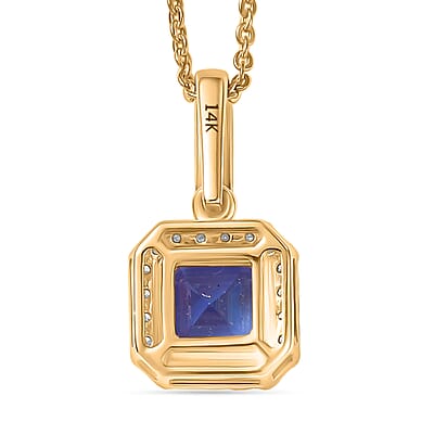 Asscher Cut Premium Tanzanite and Luxuriant Lab Grown Diamond G-H SI 1.60 ctw Halo Majesty Pendant in 14K Yellow Gold with 18K Vermeil YG Over Sterling Silver Necklace 20 Inches