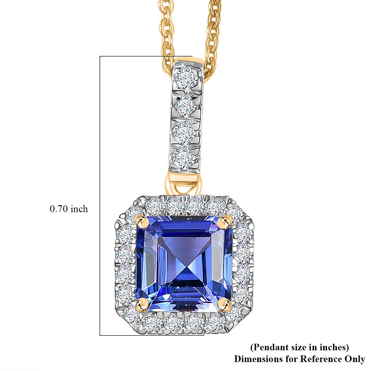 Doorbuster Asscher Cut Premium Tanzanite, Luxuriant Lab Grown Diamond G-H SI 1.60 ctw Halo Majesty Pendant in 14K Yellow Gold with 18K Vermeil YG Over Sterling Silver Necklace 20 Inches image number 5