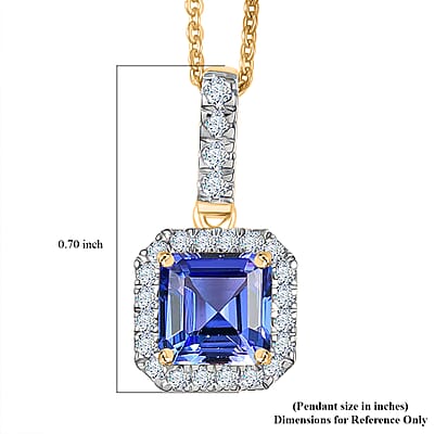 Asscher Cut Premium Tanzanite and Luxuriant Lab Grown Diamond G-H SI 1.60 ctw Halo Majesty Pendant in 14K Yellow Gold with 18K Vermeil YG Over Sterling Silver Necklace 20 Inches