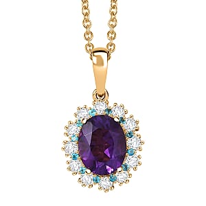 EverTrue African Amethyst and Multi Gemstone 2.75 ctw Regal Bloom Pendant in 18K YG Plated with Stainless Steel Necklace (20 Inches)