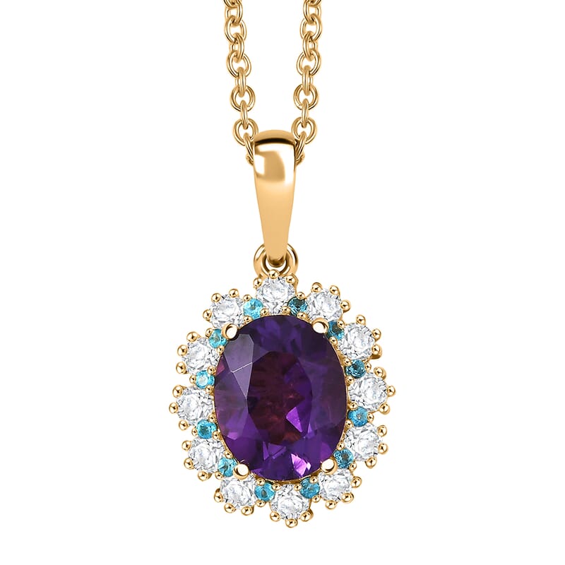 EverTrue African Amethyst and Multi Gemstone 2.75 ctw Regal Bloom Pendant in 18K YG Plated with Stainless Steel Necklace (20 Inches)