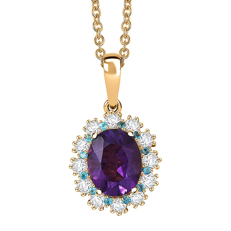 EverTrue African Amethyst and Multi Gemstone 2.75 ctw Regal Bloom Pendant in 18K YG Plated with Stainless Steel Necklace (20 Inches)