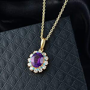 EverTrue African Amethyst and Multi Gemstone 2.75 ctw Regal Bloom Pendant in 18K YG Plated with Stainless Steel Necklace (20 Inches)