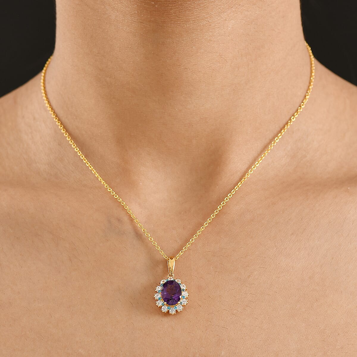 EverTrue African Amethyst and Multi Gemstone 2.75 ctw Regal Bloom Pendant in 18K YG Plated with Stainless Steel Necklace (20 Inches) image number 2