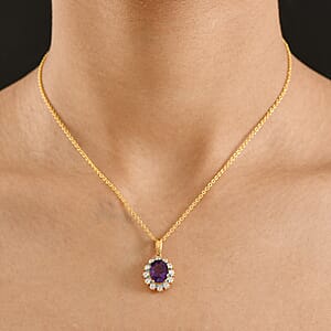 EverTrue African Amethyst and Multi Gemstone 2.75 ctw Regal Bloom Pendant in 18K YG Plated with Stainless Steel Necklace (20 Inches)