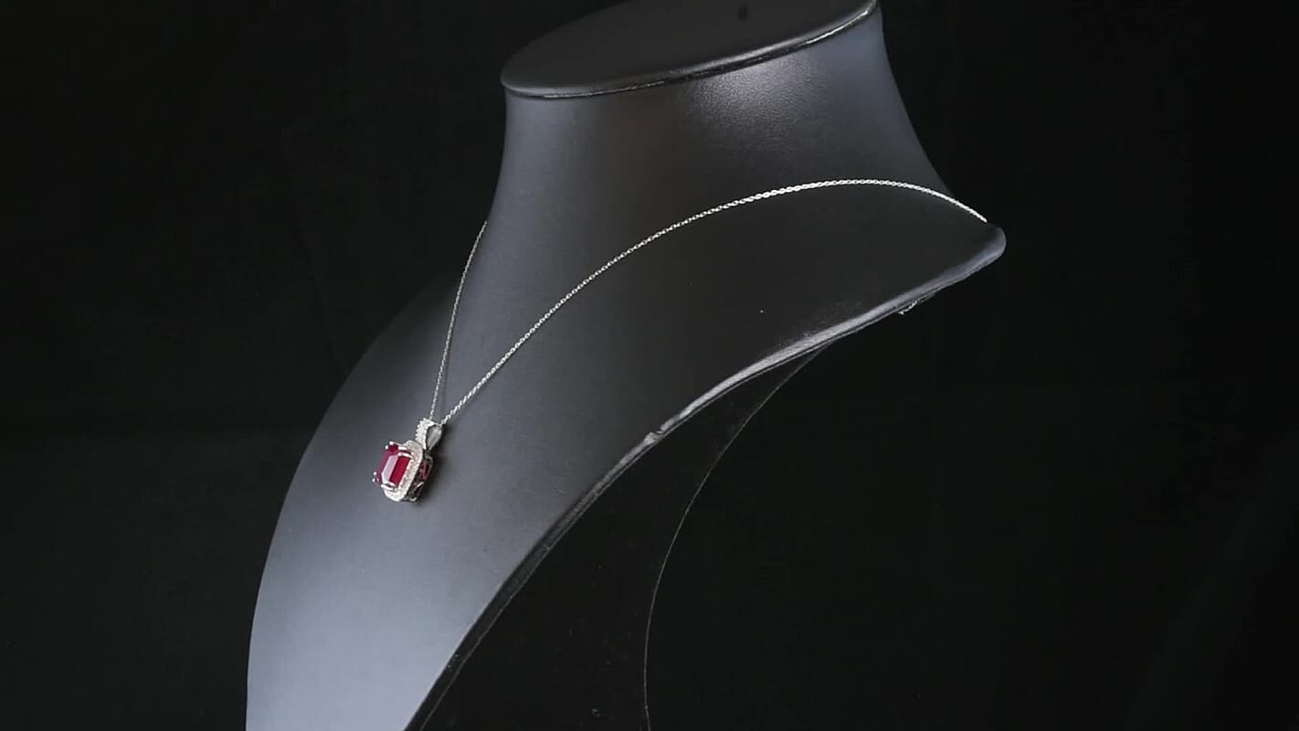 D'Joy Premium Niassa Ruby (FF) and Moissanite 11.20 ctw Royal Ember Pendant Necklace in Rhodium Over Sterling Silver 20 Inches