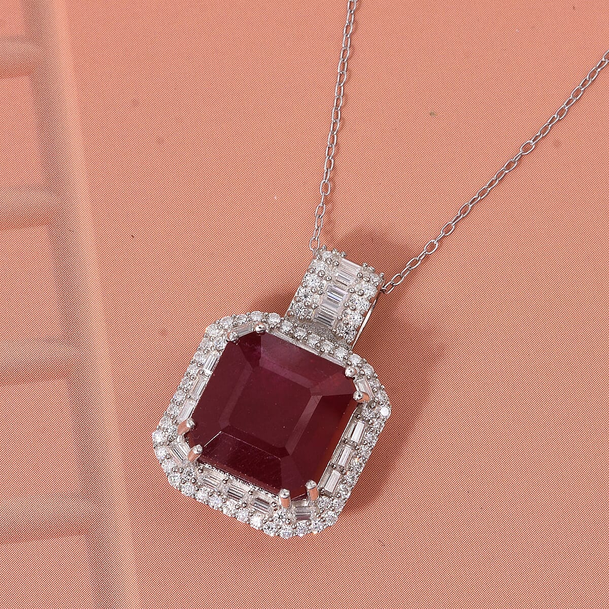 D'Joy Premium Niassa Ruby (FF) and Moissanite 11.20 ctw Royal Ember Pendant Necklace in Rhodium Over Sterling Silver 20 Inches (Del. in 7-10 Days) image number 1