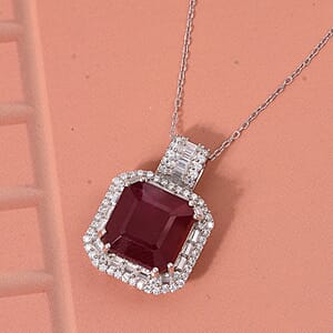 D'Joy Premium Niassa Ruby (FF) and Moissanite 11.20 ctw Royal Ember Pendant Necklace in Rhodium Over Sterling Silver 20 Inches (Del. in 7-10 Days)
