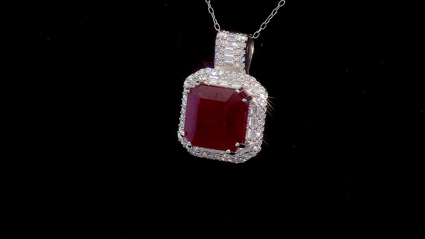 D'Joy Premium Niassa Ruby (FF) and Moissanite 11.20 ctw Royal Ember Pendant Necklace in Rhodium Over Sterling Silver 20 Inches