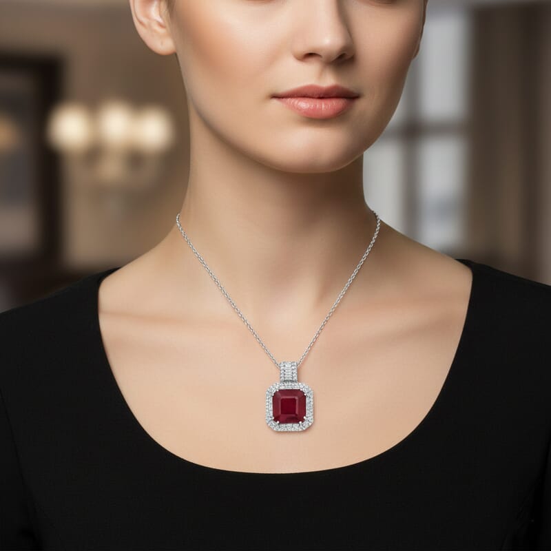 D'Joy Premium Niassa Ruby (FF) and Moissanite 11.20 ctw Royal Ember Pendant Necklace in Rhodium Over Sterling Silver 20 Inches