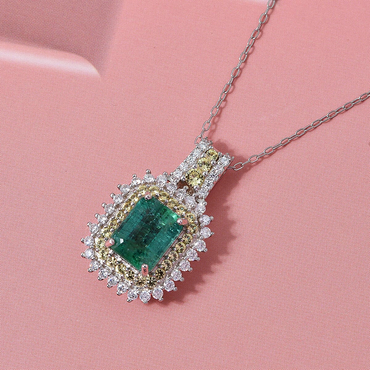 D'Joy Premium Kagem Zambian Emerald and Multi Gemstone 2.25 ctw Regal Halo Pendant Necklace in Rhodium Over Sterling Silver 20 Inches  image number 1