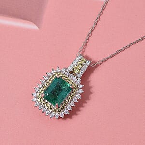 D'Joy Premium Kagem Zambian Emerald and Multi Gemstone 2.25 ctw Regal Halo Pendant Necklace in Rhodium Over Sterling Silver 20 Inches 
