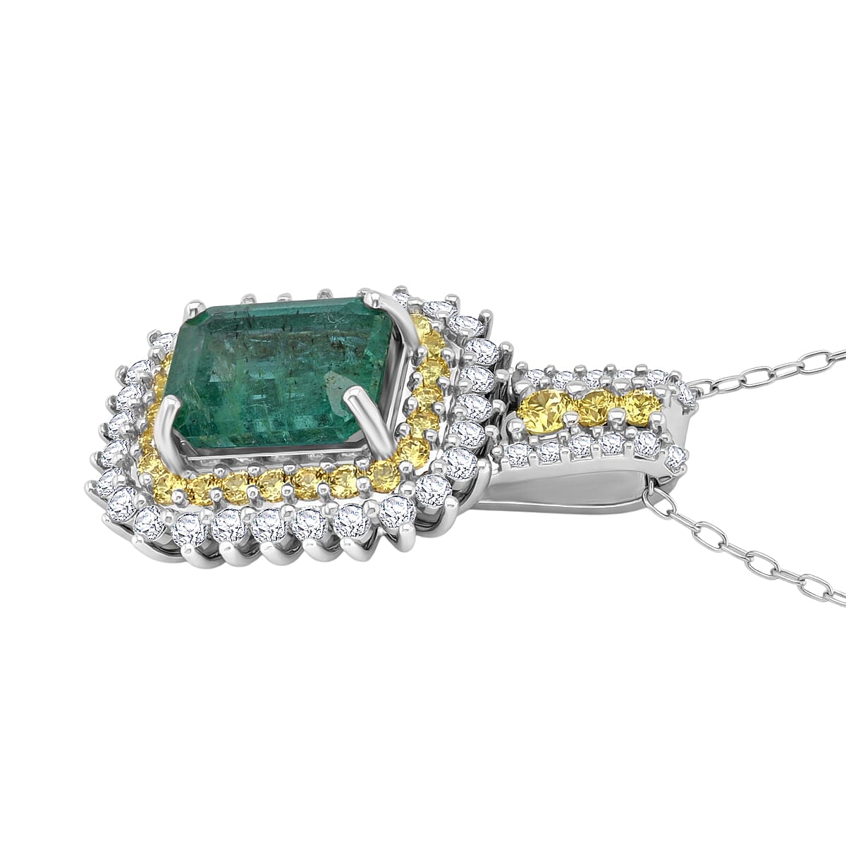 D'Joy Premium Kagem Zambian Emerald and Multi Gemstone 2.25 ctw Regal Halo Pendant Necklace in Rhodium Over Sterling Silver 20 Inches  image number 3