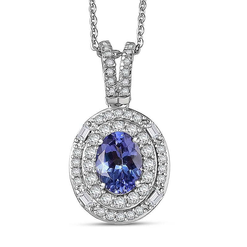 D'Joy Premium Tanzanite and Moissanite 1.35 ctw Celestial Halo Pendant Necklace in Rhodium Over Sterling Silver 20 Inches 
