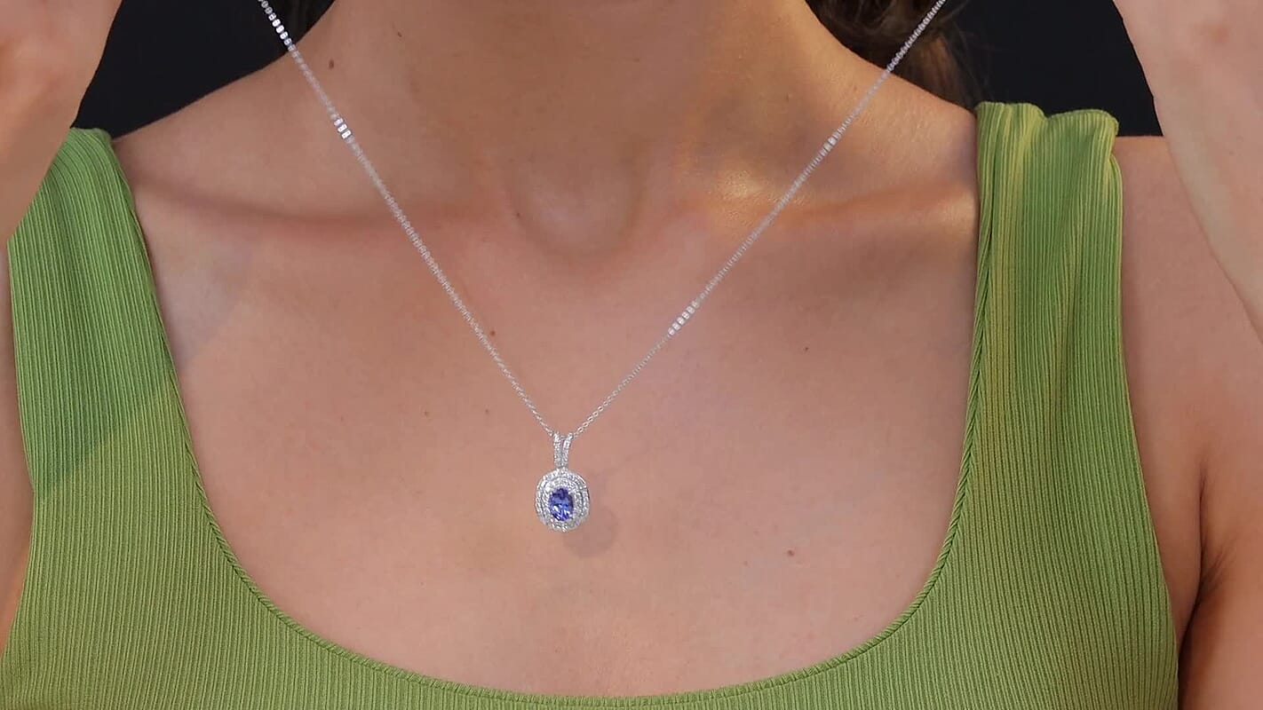 D'Joy Premium Tanzanite and Moissanite 1.35 ctw Pendant Necklace in Rhodium Over Sterling Silver 20 Inches
