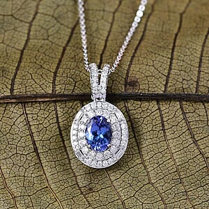 D'Joy Premium Tanzanite and Moissanite 1.35 ctw Celestial Halo Pendant Necklace in Rhodium Over Sterling Silver 20 Inches 