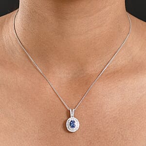 D'Joy Premium Tanzanite and Moissanite 1.35 ctw Celestial Halo Pendant Necklace in Rhodium Over Sterling Silver 20 Inches 