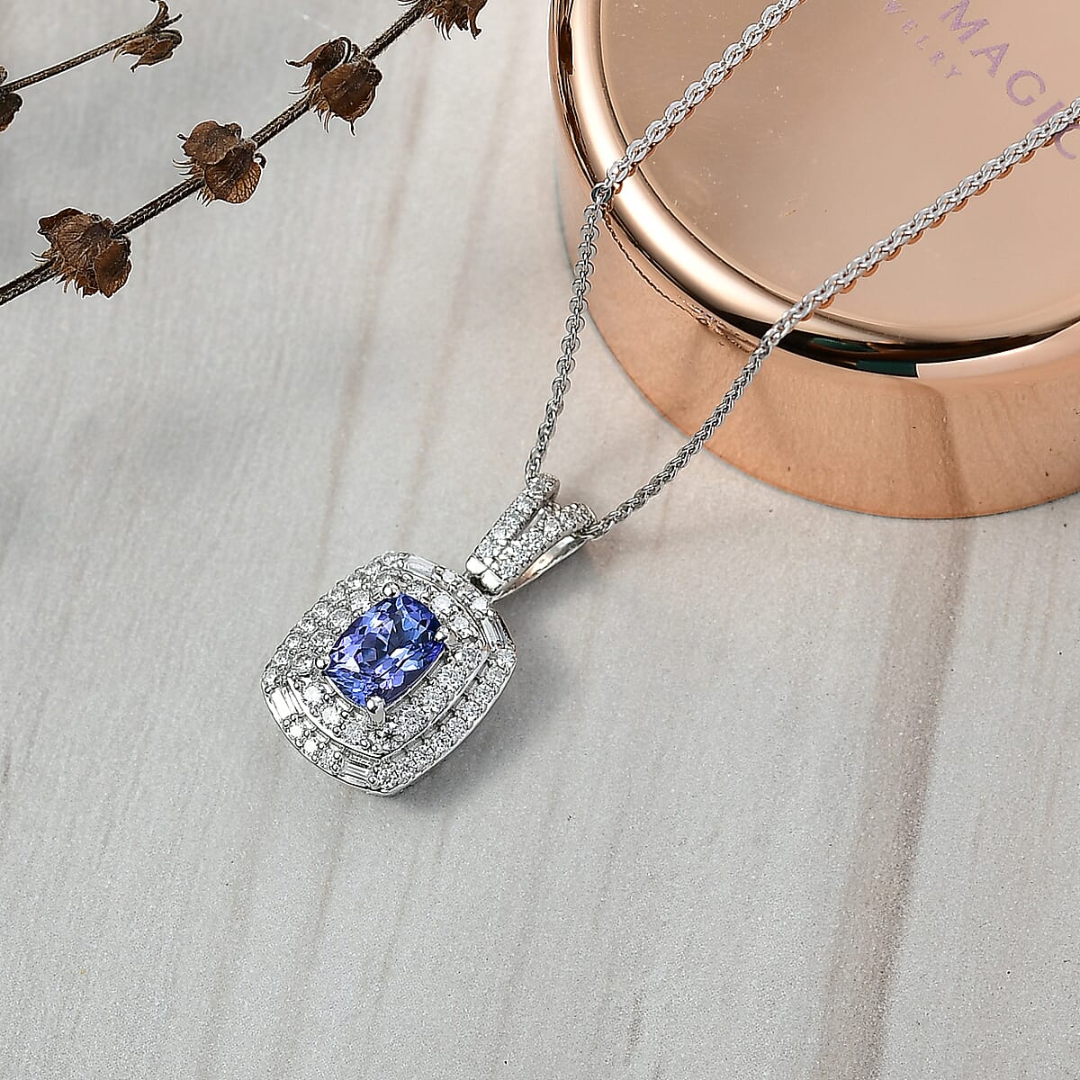 D'Joy Premium Tanzanite and Moissanite 1.40 ctw Celestial Halo Pendant Necklace in Rhodium Over Sterling Silver 20 Inches  image number 1