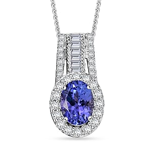 D'Joy Premium Tanzanite and Moissanite 1.50 ctw Pendant Necklace in Rhodium Over Sterling Silver 20 Inches