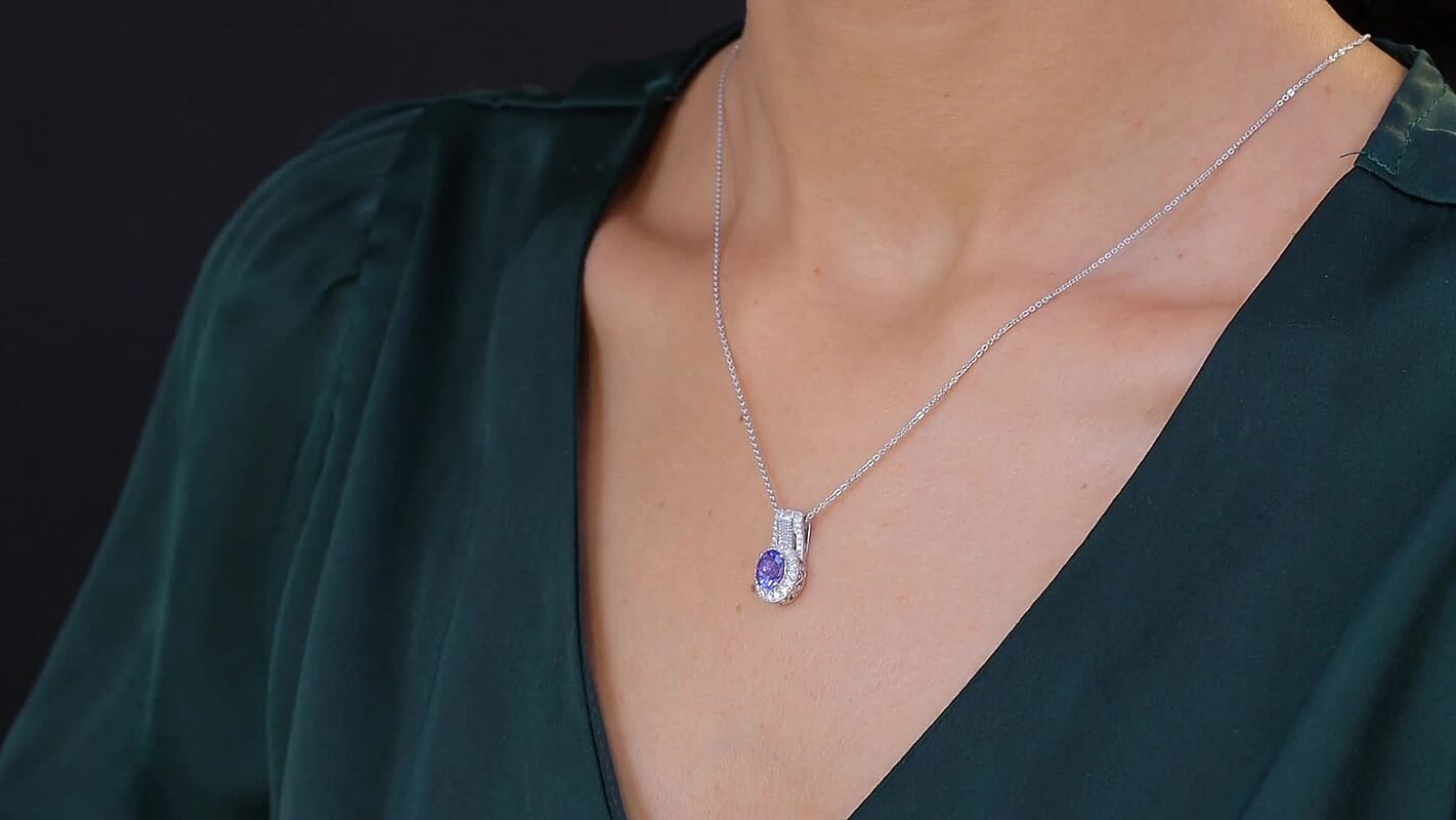 D'Joy Premium Tanzanite, Moissanite Pendant Necklace (20 Inches) in Rhodium Over Sterling Silver 1.50 ctw