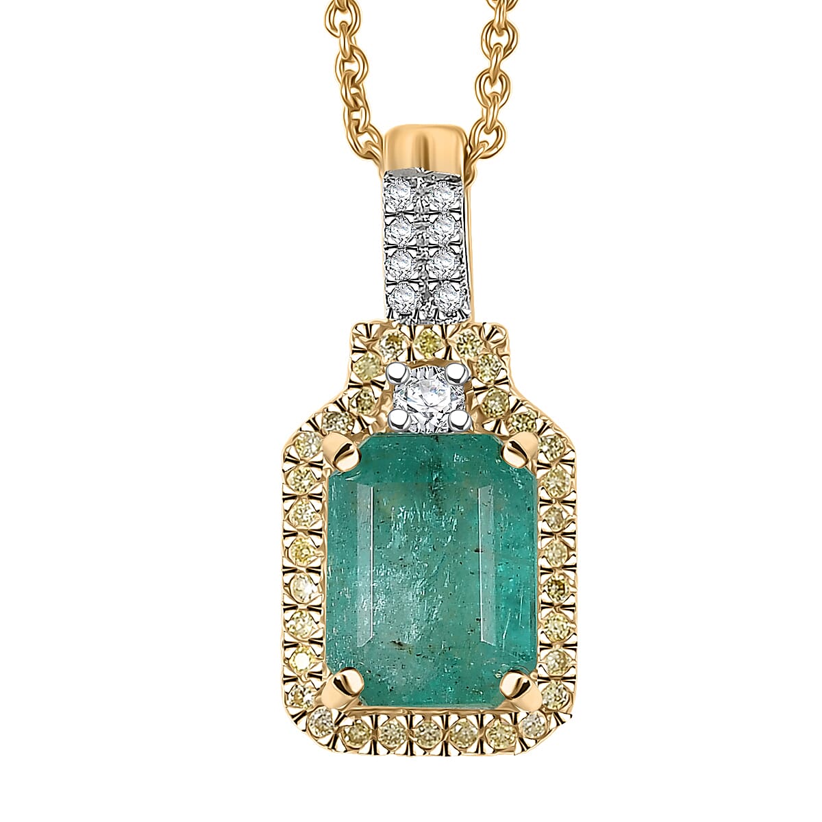 Doorbuster Luxoro AAA Kagem Zambian Emerald, Natural Yellow and White Diamond I2 1.85 ctw Art Deco Pendant Necklace in 10K Yellow Gold 20 Inches image number 0