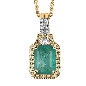 Doorbuster Luxoro AAA Kagem Zambian Emerald, Natural Yellow and White Diamond I2 1.85 ctw Art Deco Pendant Necklace in 10K Yellow Gold 20 Inches