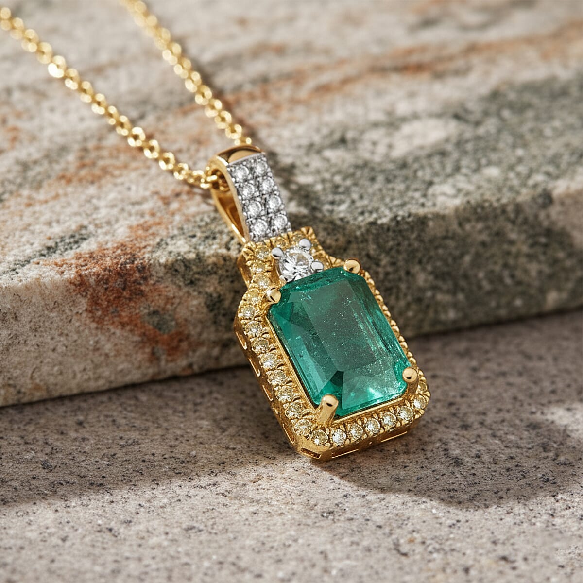 Doorbuster Luxoro AAA Kagem Zambian Emerald, Natural Yellow and White Diamond I2 1.85 ctw Art Deco Pendant Necklace in 10K Yellow Gold 20 Inches image number 1