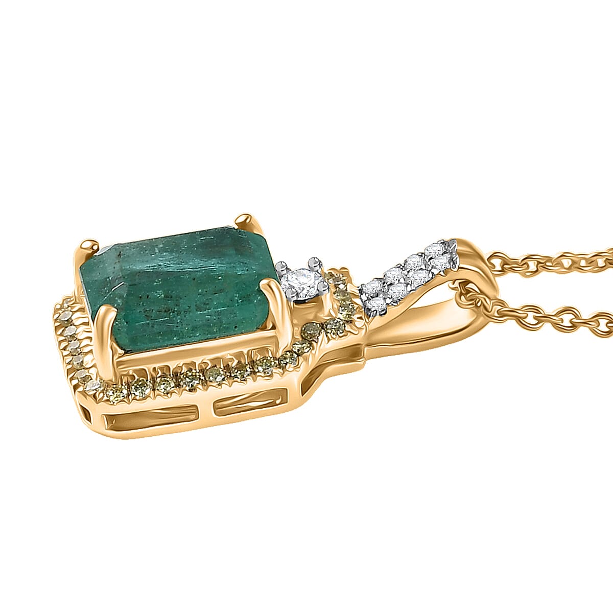 Doorbuster Luxoro AAA Kagem Zambian Emerald, Natural Yellow and White Diamond I2 1.85 ctw Art Deco Pendant Necklace in 10K Yellow Gold 20 Inches image number 3