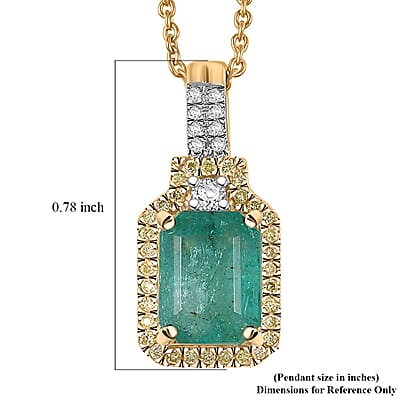 Luxoro AAA Kagem Zambian Emerald, Natural Yellow and White Diamond I2 1.85 ctw Art Deco Pendant Necklace in 10K Yellow Gold 20 Inches