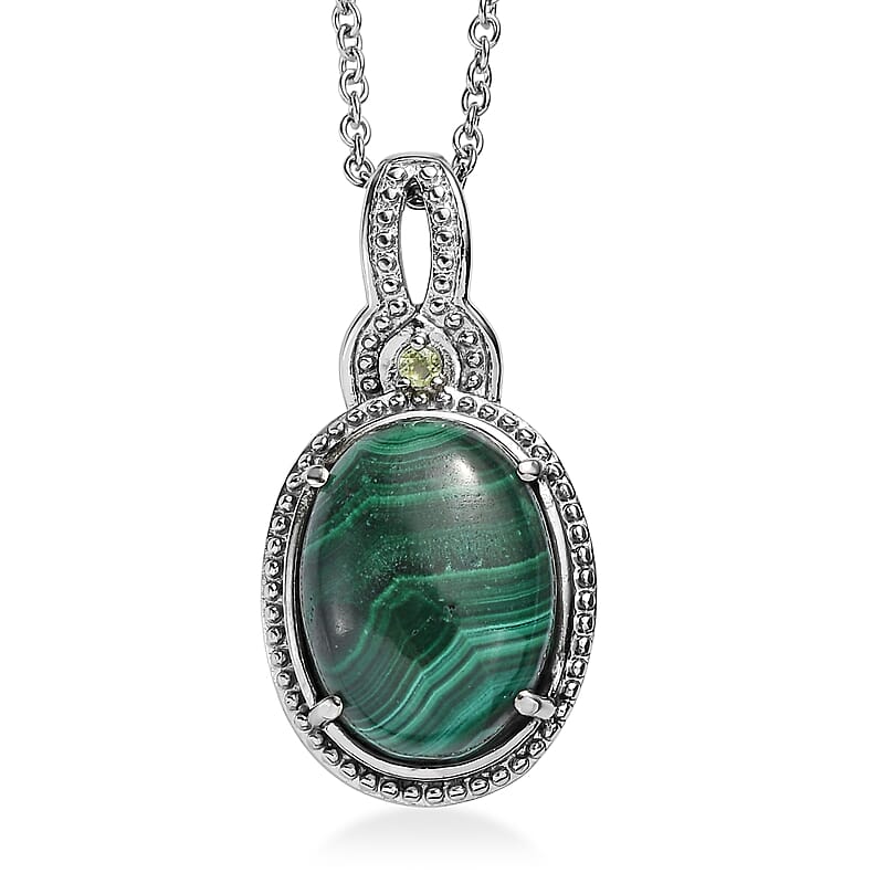 EverTrue African Malachite and Hebei Peridot 13.15 ctw Pendant Necklace in Stainless Steel 20 Inches