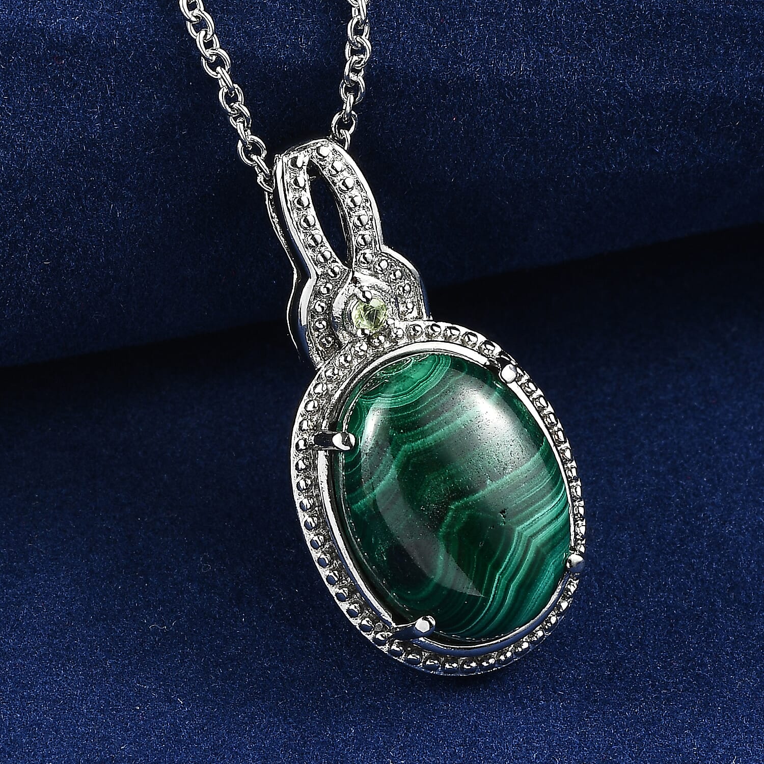 EverTrue African Malachite and Hebei Peridot 13.15 ctw Pendant Necklace in Stainless Steel 20 Inches