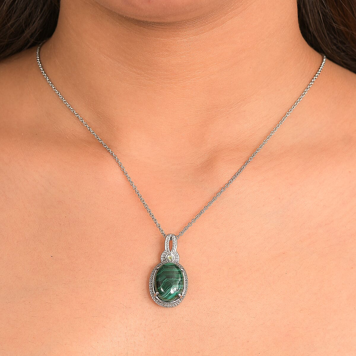 EverTrue African Malachite and Hebei Peridot 13.15 ctw Pendant Necklace in Stainless Steel 20 Inches  image number 2