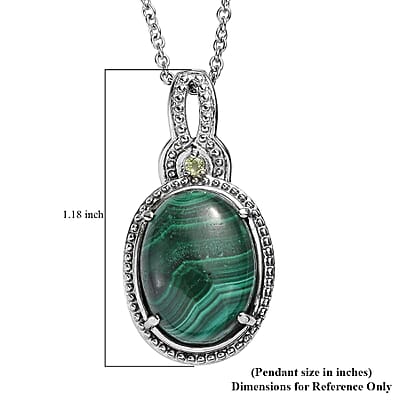 EverTrue African Malachite and Hebei Peridot 13.15 ctw Pendant Necklace in Stainless Steel 20 Inches