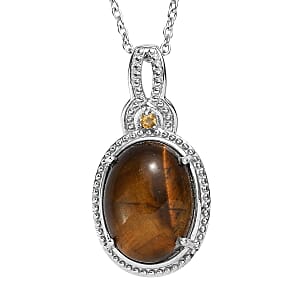 EverTrue Tigers Eye and Brazilian Citrine 9.90 ctw Pendant Necklace in Stainless Steel 20 Inches 