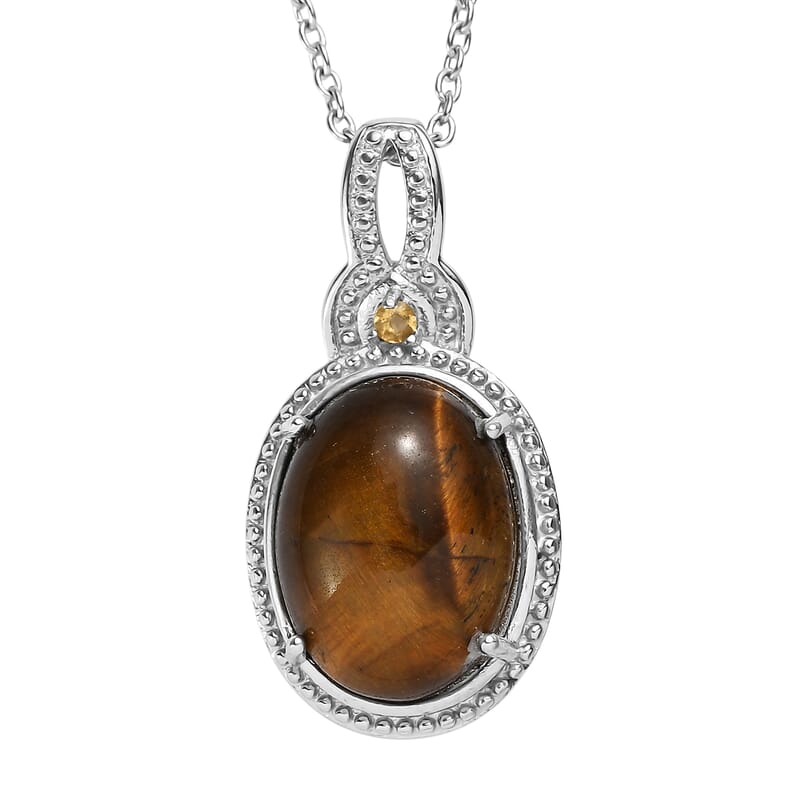 EverTrue Tigers Eye and Brazilian Citrine 9.90 ctw Pendant Necklace in Stainless Steel 20 Inches