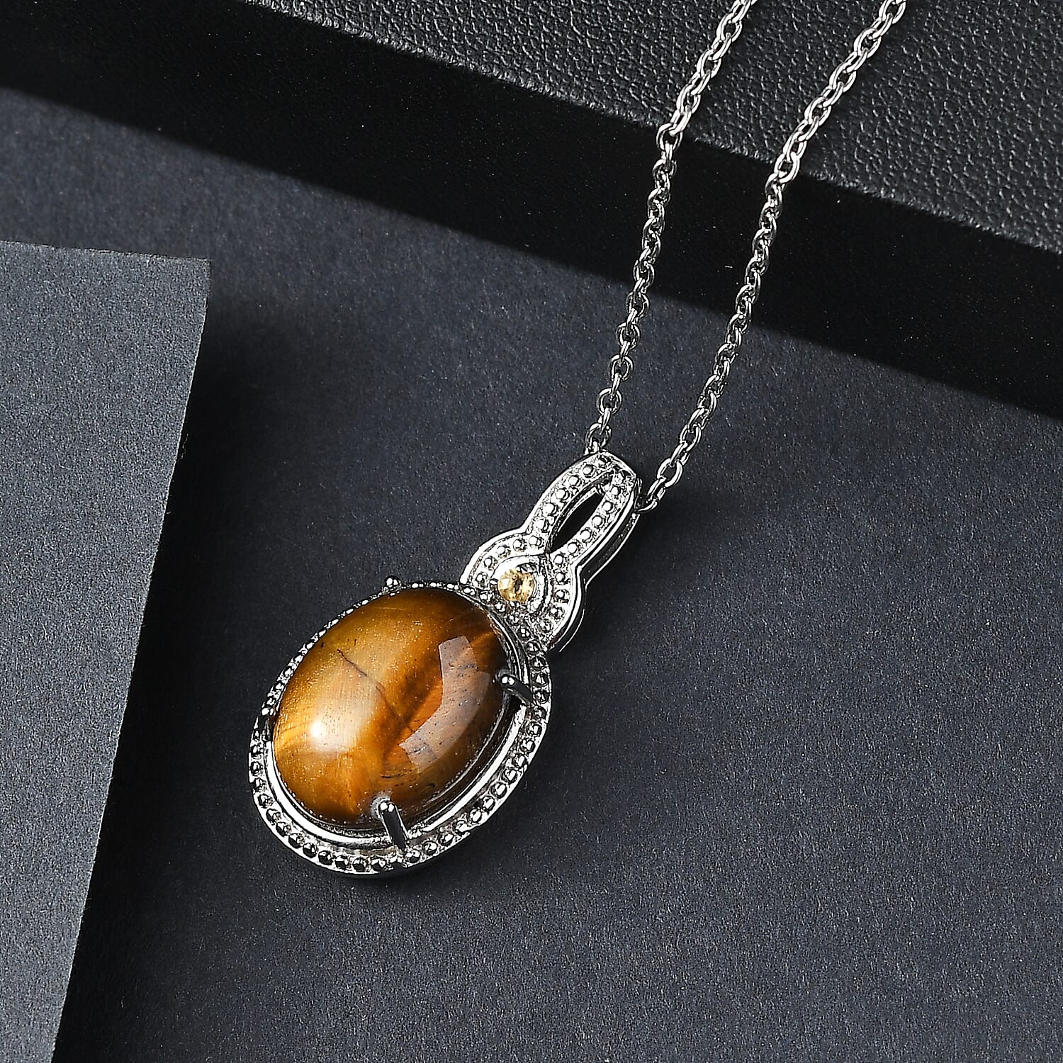 EverTrue Tigers Eye and Brazilian Citrine 9.90 ctw Pendant Necklace in Stainless Steel 20 Inches