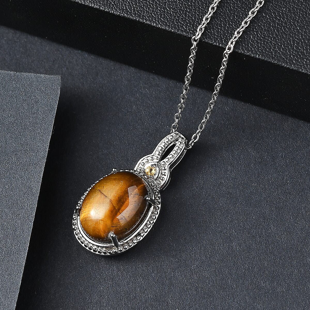 EverTrue Tigers Eye and Brazilian Citrine 9.90 ctw Pendant Necklace in Stainless Steel 20 Inches  image number 1