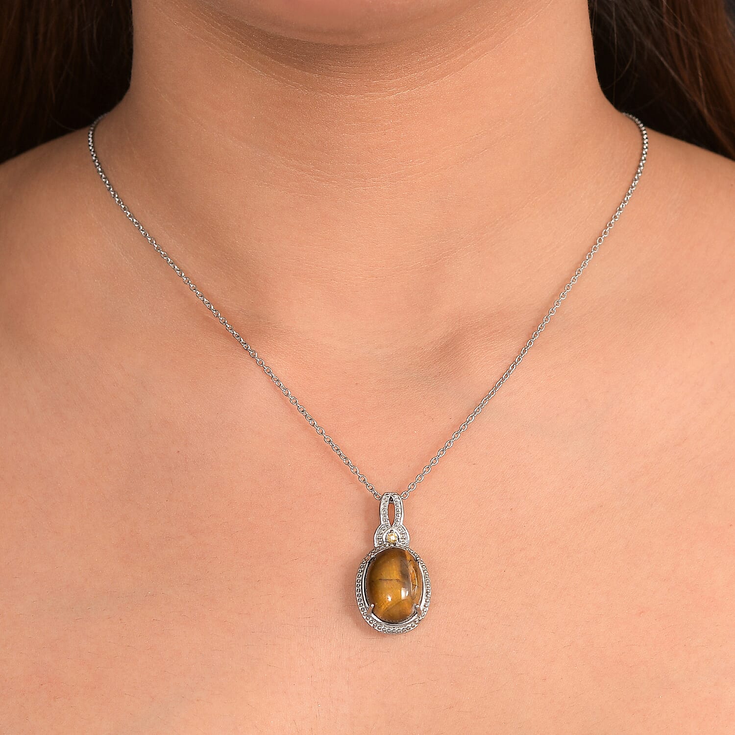 EverTrue Tigers Eye and Brazilian Citrine 9.90 ctw Pendant Necklace in Stainless Steel 20 Inches