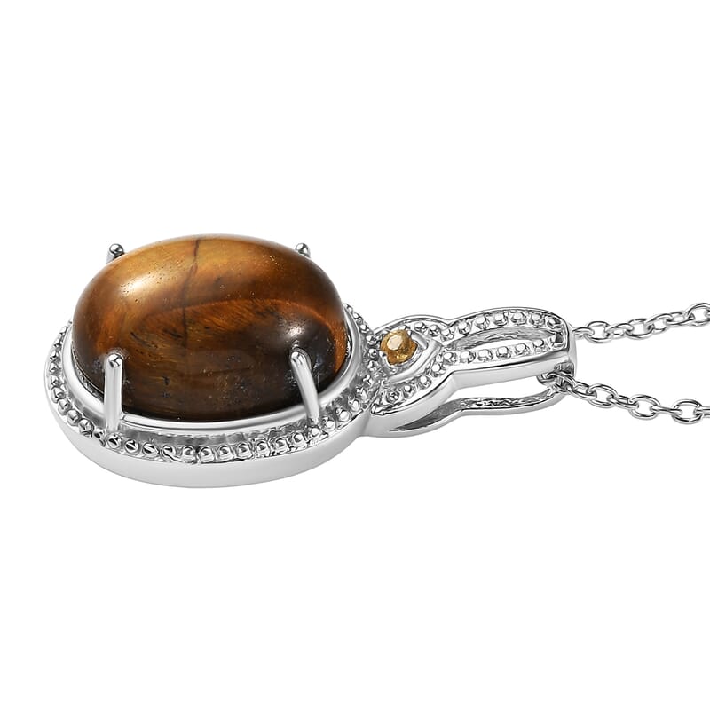 EverTrue Tigers Eye and Brazilian Citrine 9.90 ctw Pendant Necklace in Stainless Steel 20 Inches
