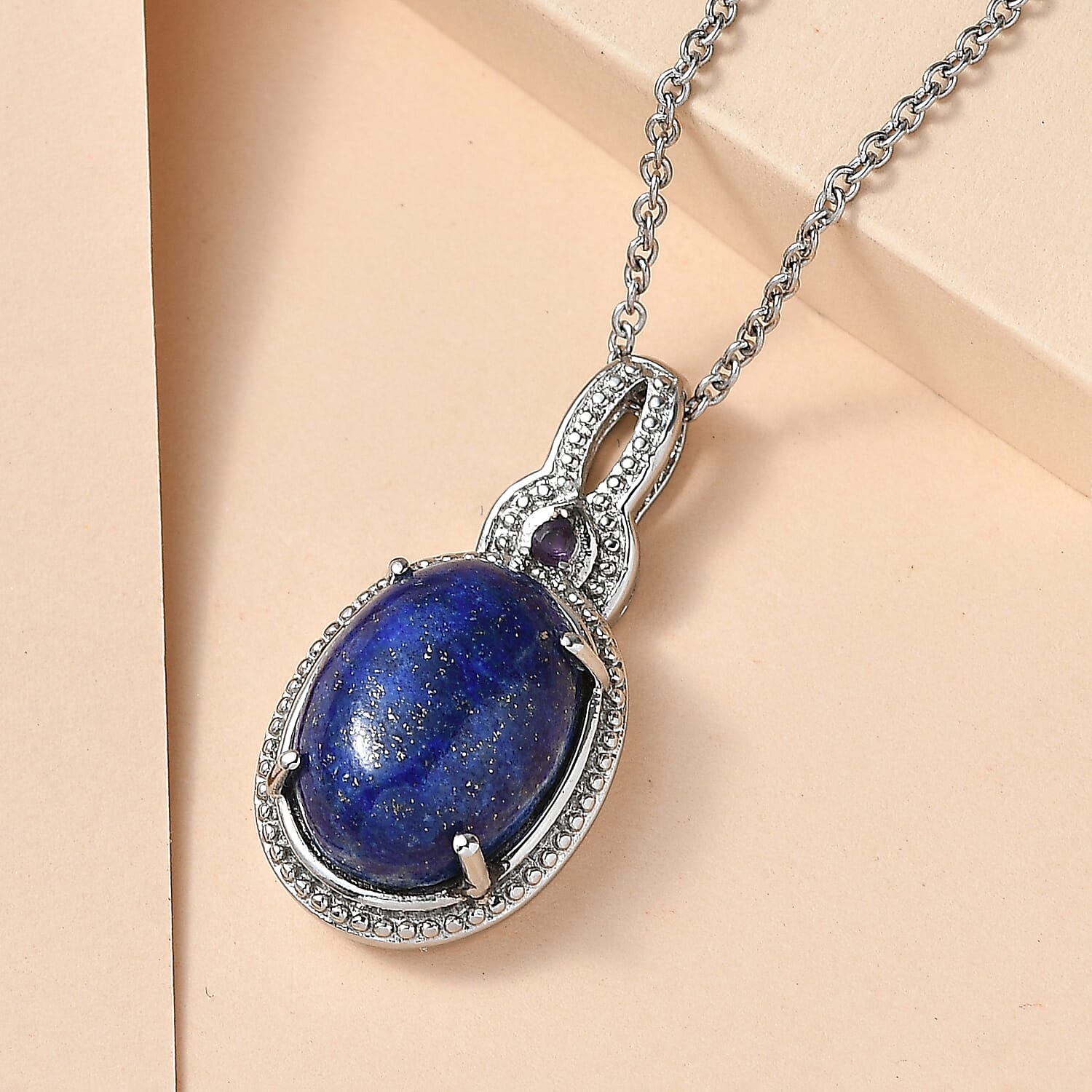 EverTrue Lapis Lazuli and African Amethyst 10.50 ctw Pendant Necklace in Stainless Steel 20 Inches